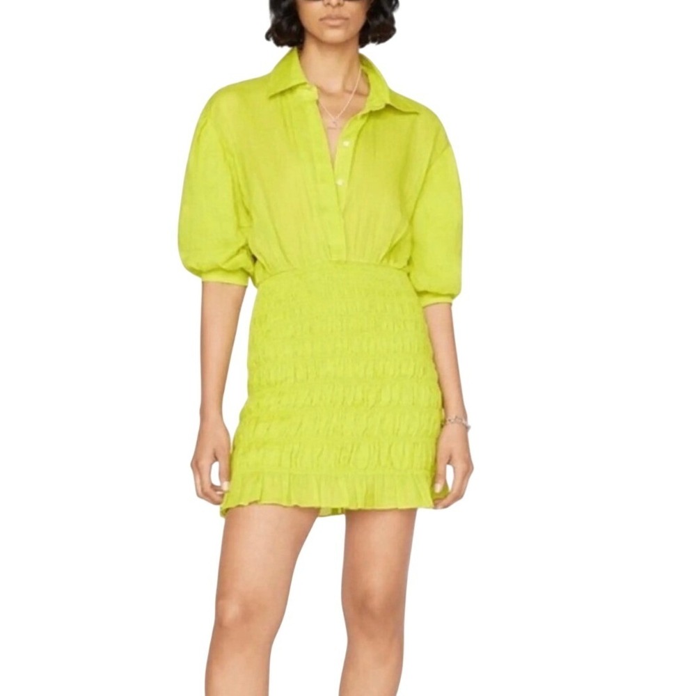 FRAME Smocked Shirt Dress Flash Lime Ramie Mini Puff‎ Sleeve LWWD0591 Medium New